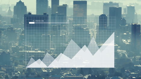 animation of financial data processing over cityscape