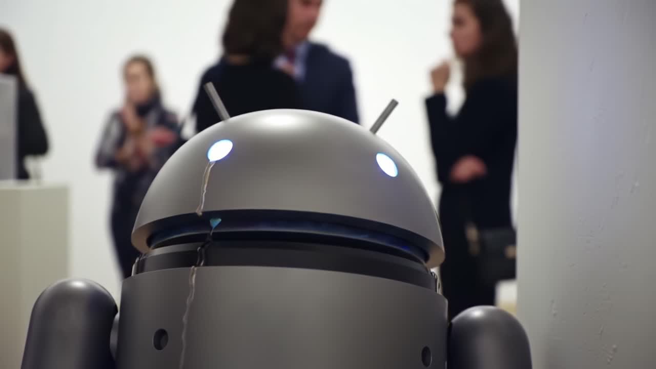 A Unique Robotic Figure Displayed at an Exhibition, Captivating the Audience Around It with a Futuristic Design and Intriguing Expressions During the Event