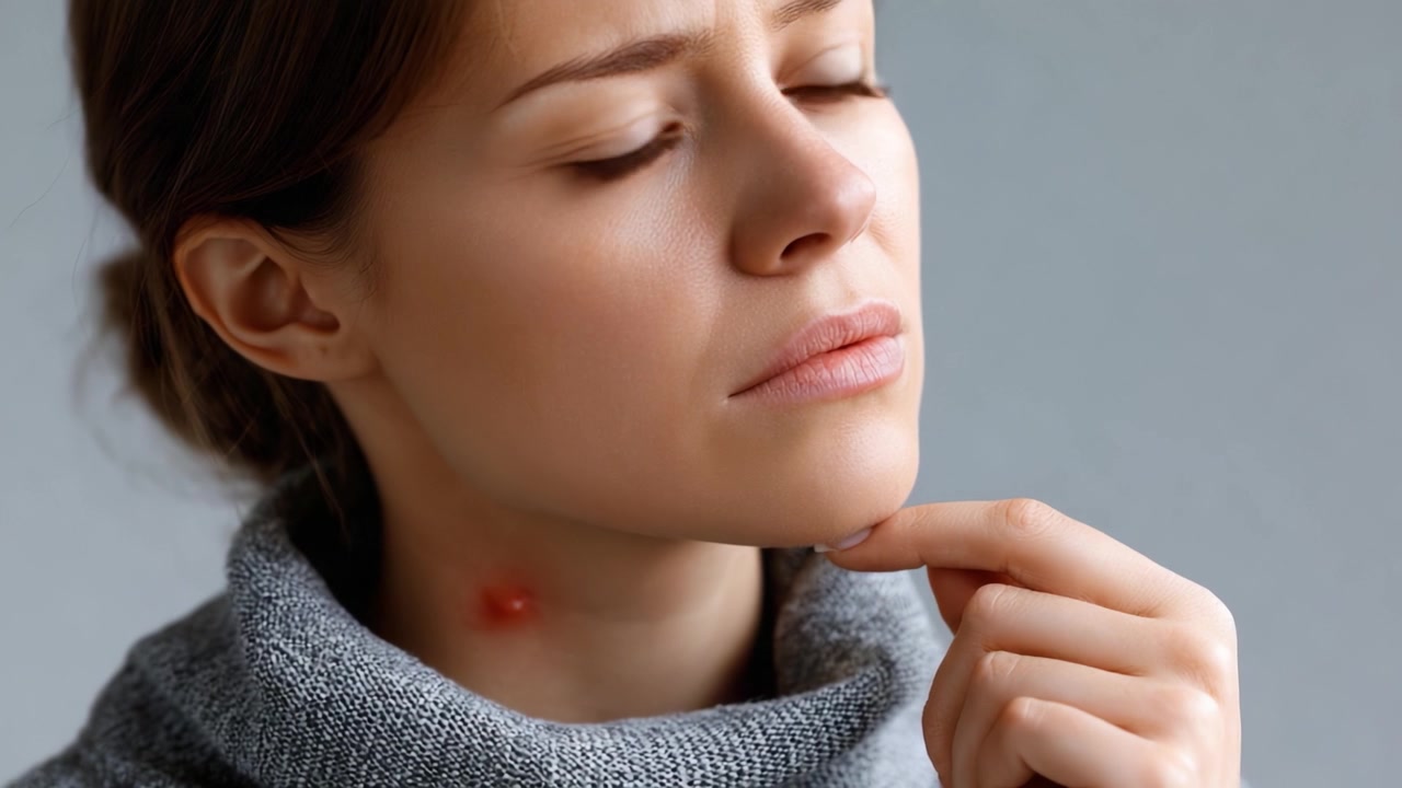 Una giovane donna si tocca delicatamente il collo mentre esamina un'imperfezione evidente, riflettendo su problemi di salute e bellezza della pelle.
