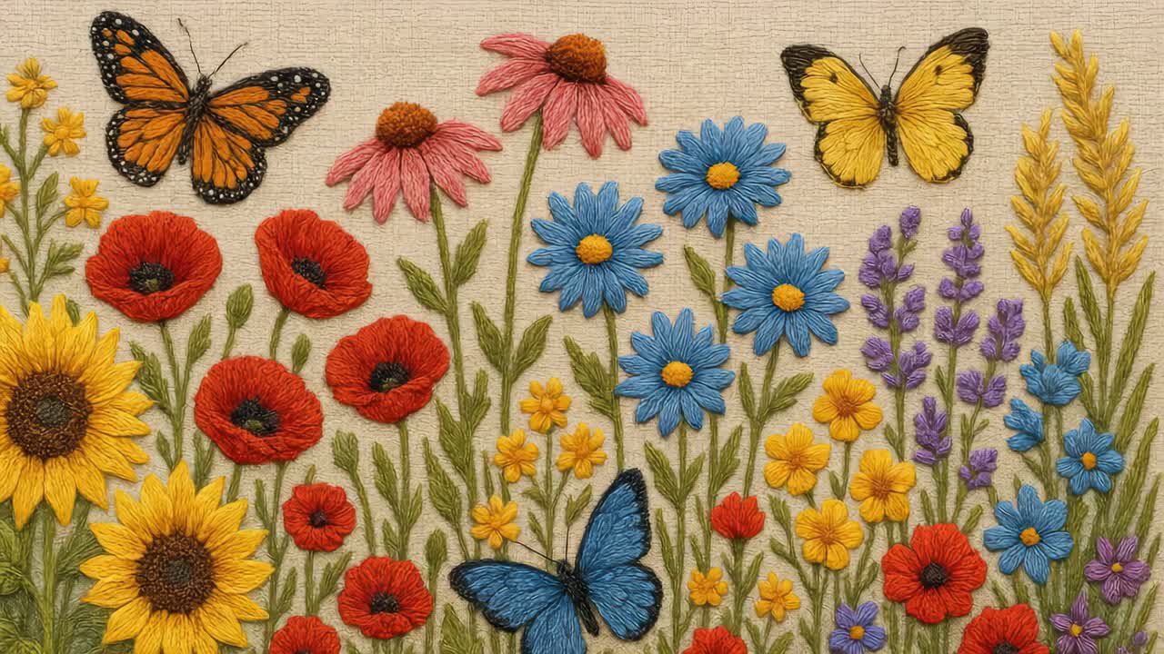 Aerial view of vibrant embroidered flowers and butterflies on fabric, showcasing intricate
