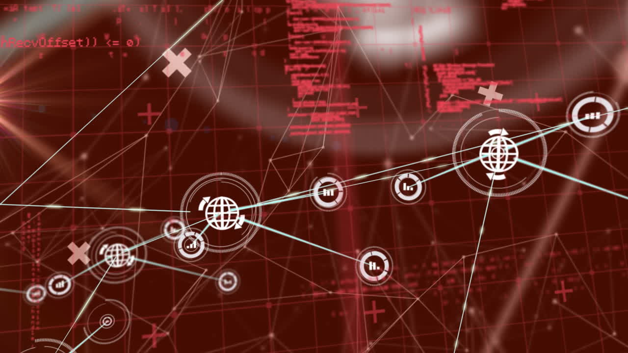 animación del procesamiento de datos e iconos sobre fondo rojo