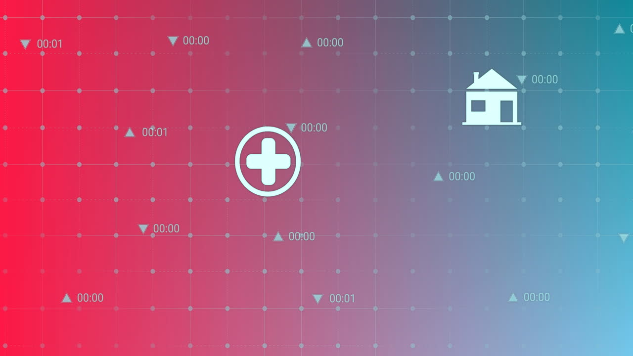 Animation of multiple icons and changing numbers over grid pattern against gradient background