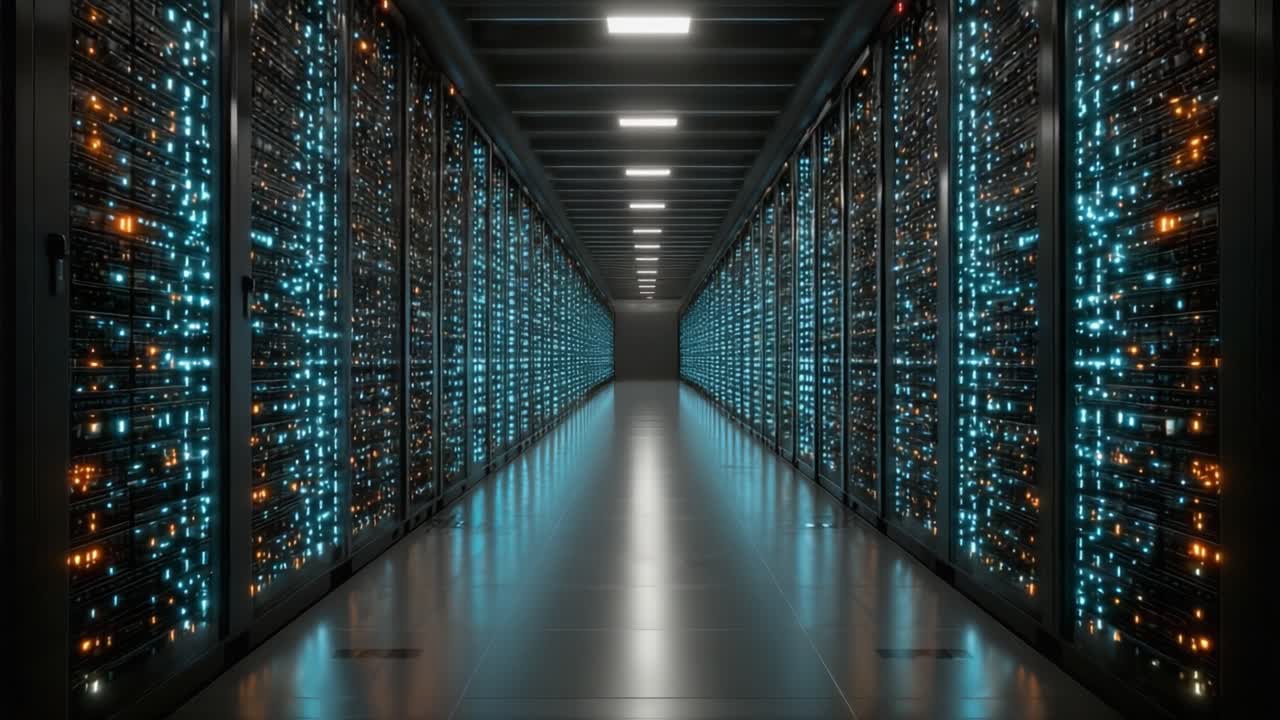 A Captivating Glimpse into a High-Tech Data Center with Rows of Glimmering Servers, Illuminated by Blue and Orange Lights in a Modern Configuration