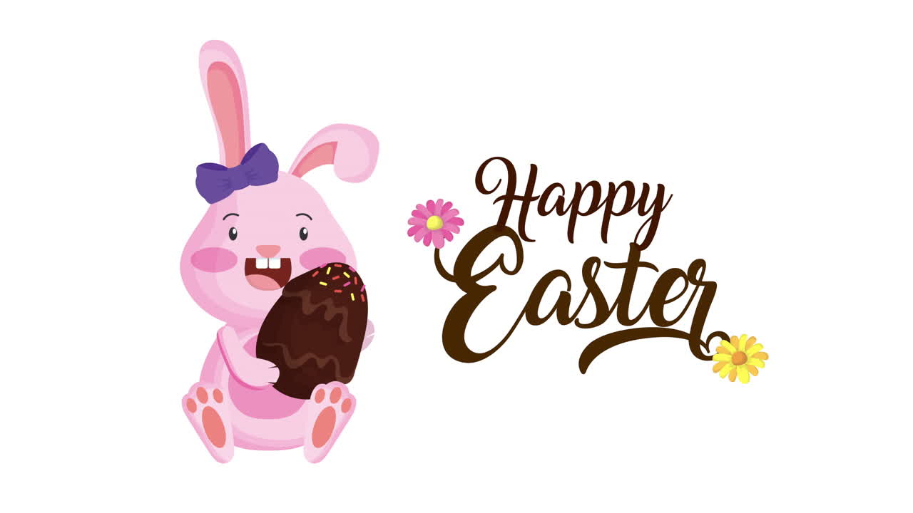 felicità pasqua carta animata con coniglio femmina e uova dipinte