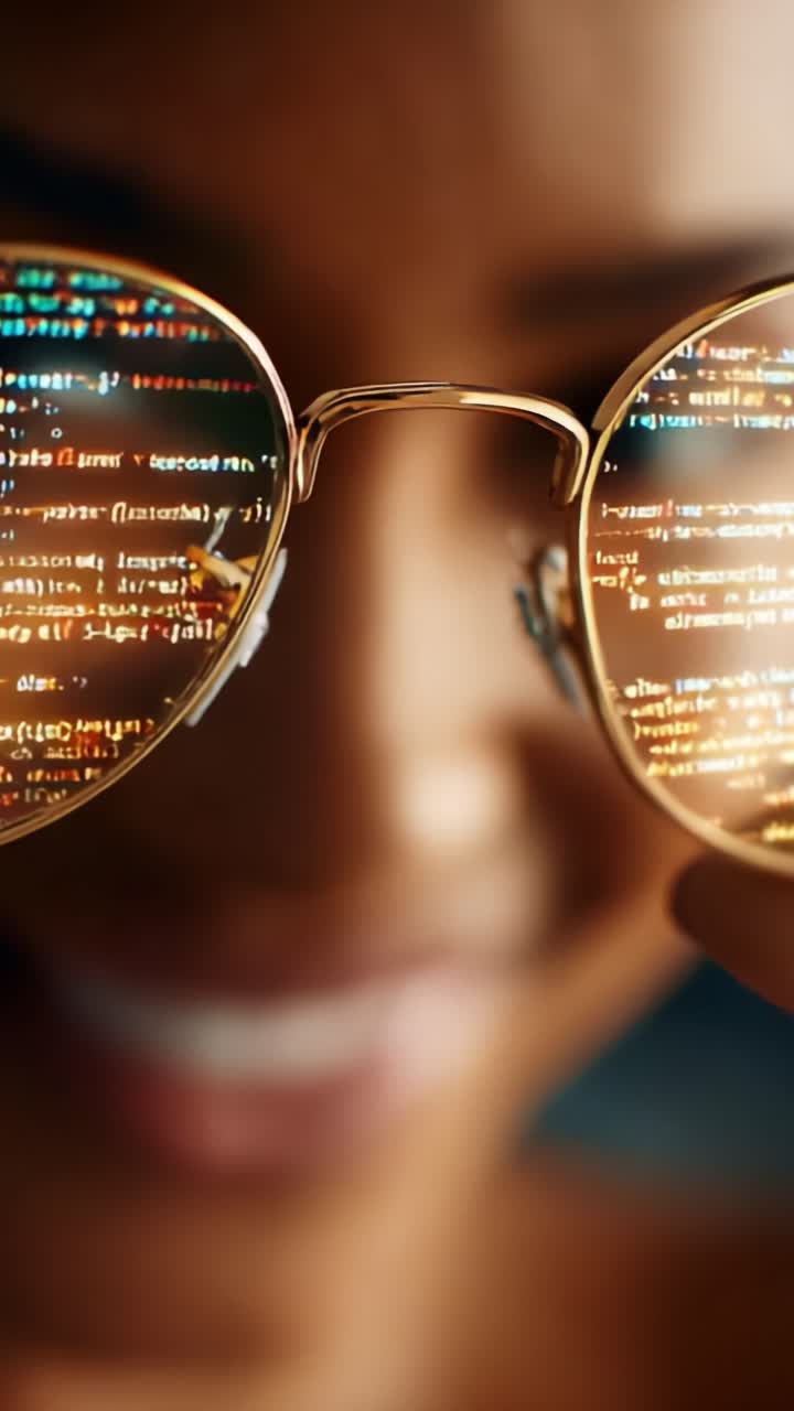 A Close-Up of Reflective Sunglasses Showcasing Vibrant Code Patterns, Merging Technology with Human Curiosity in a Striking Visual Perspective
