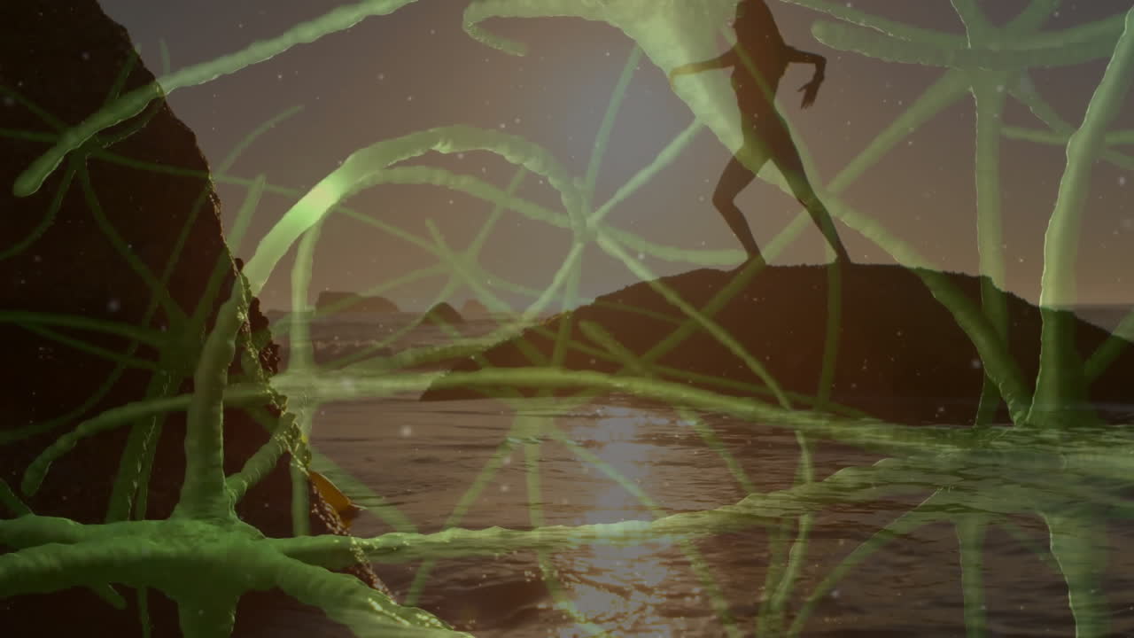 Silhouette woman balancing on rocky ocean at sunset, showing tech marketing with neon green trails