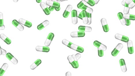 green and white capsules falling against changing backgrounds