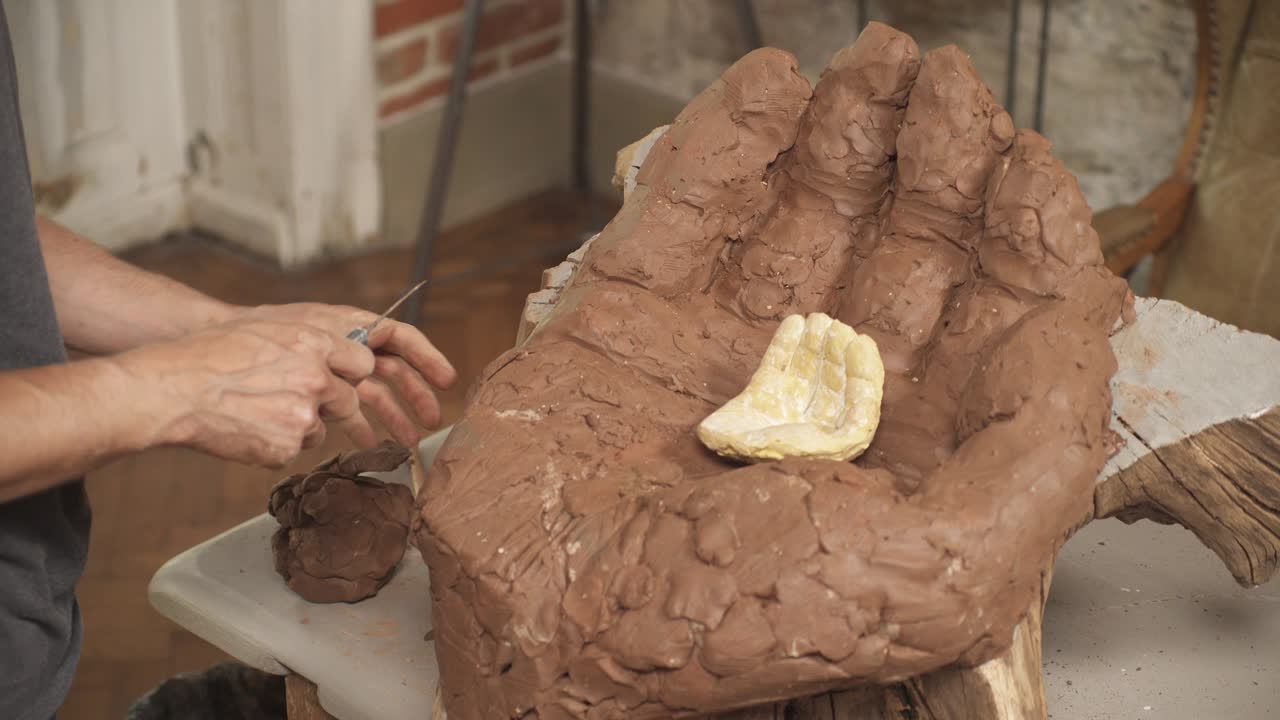 남자 도자기가 인간 팔의 세라 조각을 만들기 위해 점토를 형성하는 클로즈업. 배경에 세련된 인테리어 스튜디오. 직업 및 취미 개념