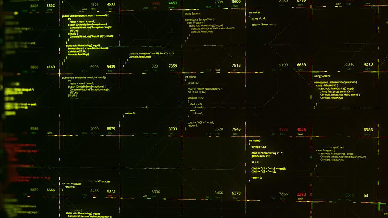 Hacker attack through network by writing a special code on a black computer screen. Animation. Abstract data bits stream background, seamless loop