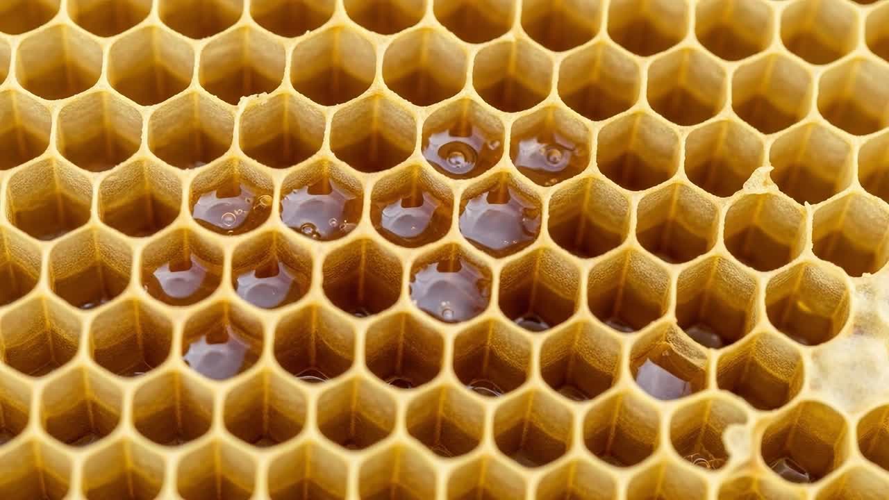 Intricate Honeycomb Structure Showcasing Golden Honey Cells and Natural Wax Creation in a Close-up Macro Perspective