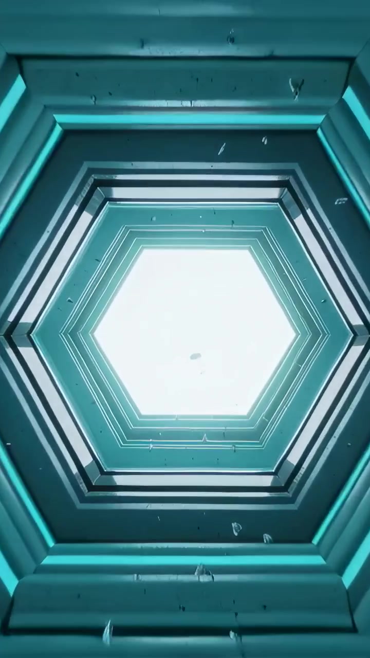 Video verticale: Telecamera in movimento, cornici esagonali che si avvicinano a un nucleo luminoso in un condotto, rivelando anelli e bagliori.