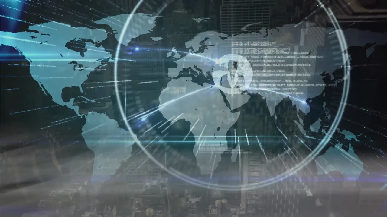 Animation of network of connections with people's icons, data processing over world map