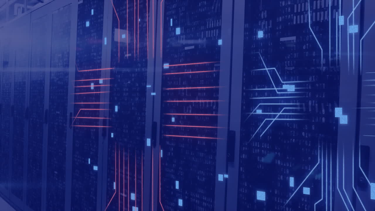 Animation of circuit board and data processing over computer servers
