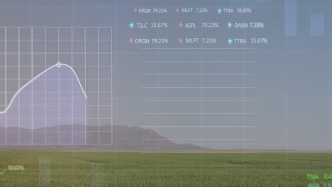 Animation-of-statistical-and-stock-market-data-processing-against-spinning-windmills-on-grassland