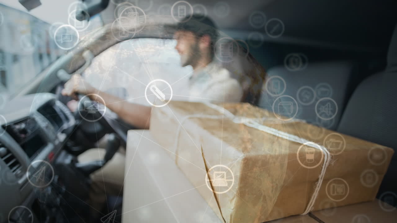 hombre de entrega en furgoneta con superposición de interfaz