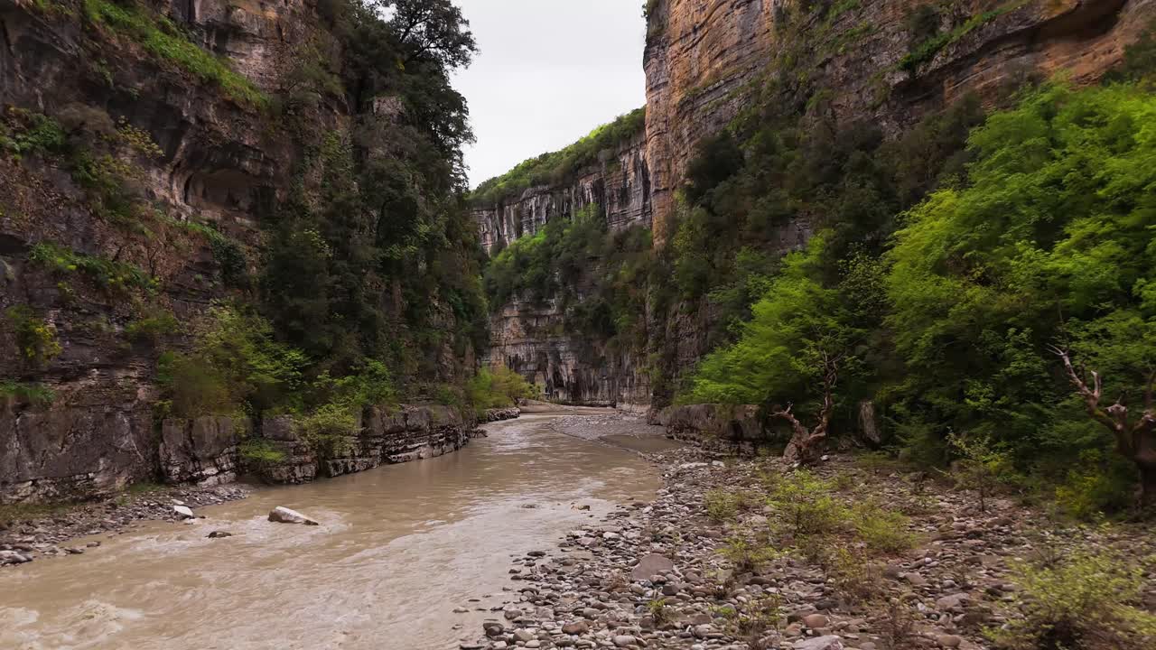 Mountainous canyon with flowing river in Berat, Osum Canyon, Albania