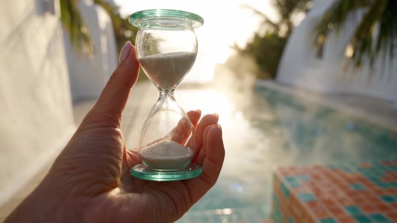 An elegant hourglass is held against a beautiful poolside backdrop, symbolizing the passage of time as sunlight reflects off the water in a serene setting.