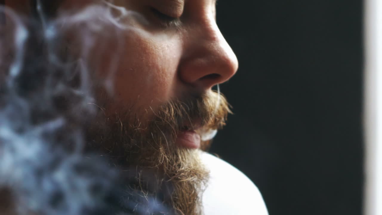 Man holding a cigar. Young bearded man posing and smoking a cigar in studio
