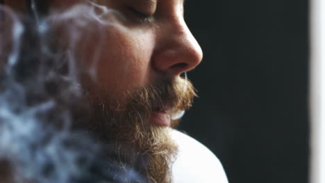 man holding a cigar. young bearded man posing and smoking a cigar in studio