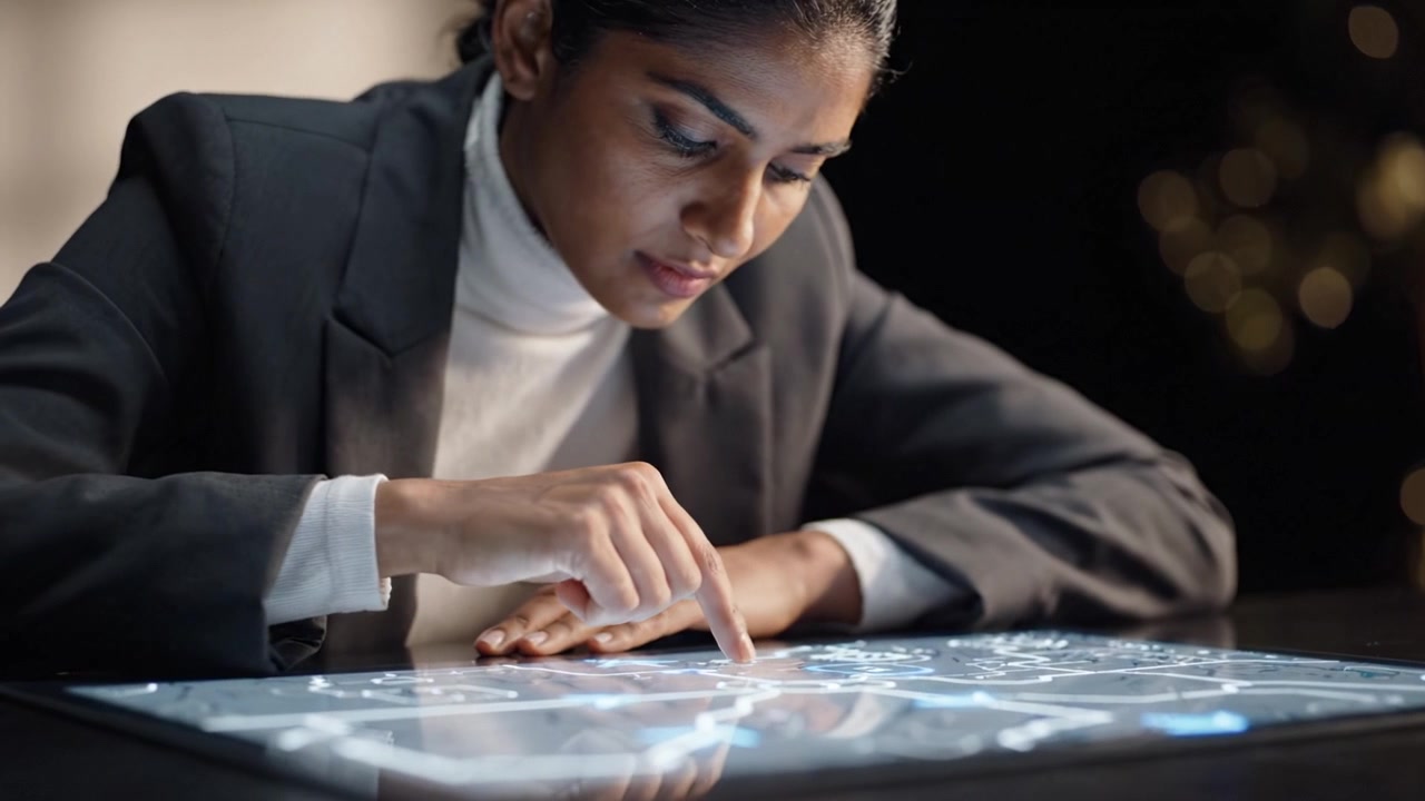 Fokuseret kvinde med en digital touchskærm, der anvender avanceret teknologi til at analysere data og visualisere information i et professionelt miljø