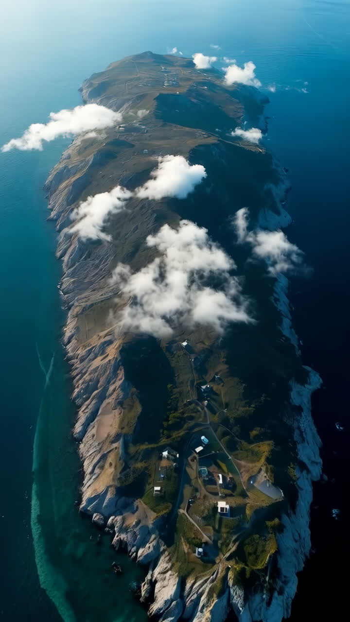 Stunning Aerial View of a Long Remote Island with Buildings and Cliffs