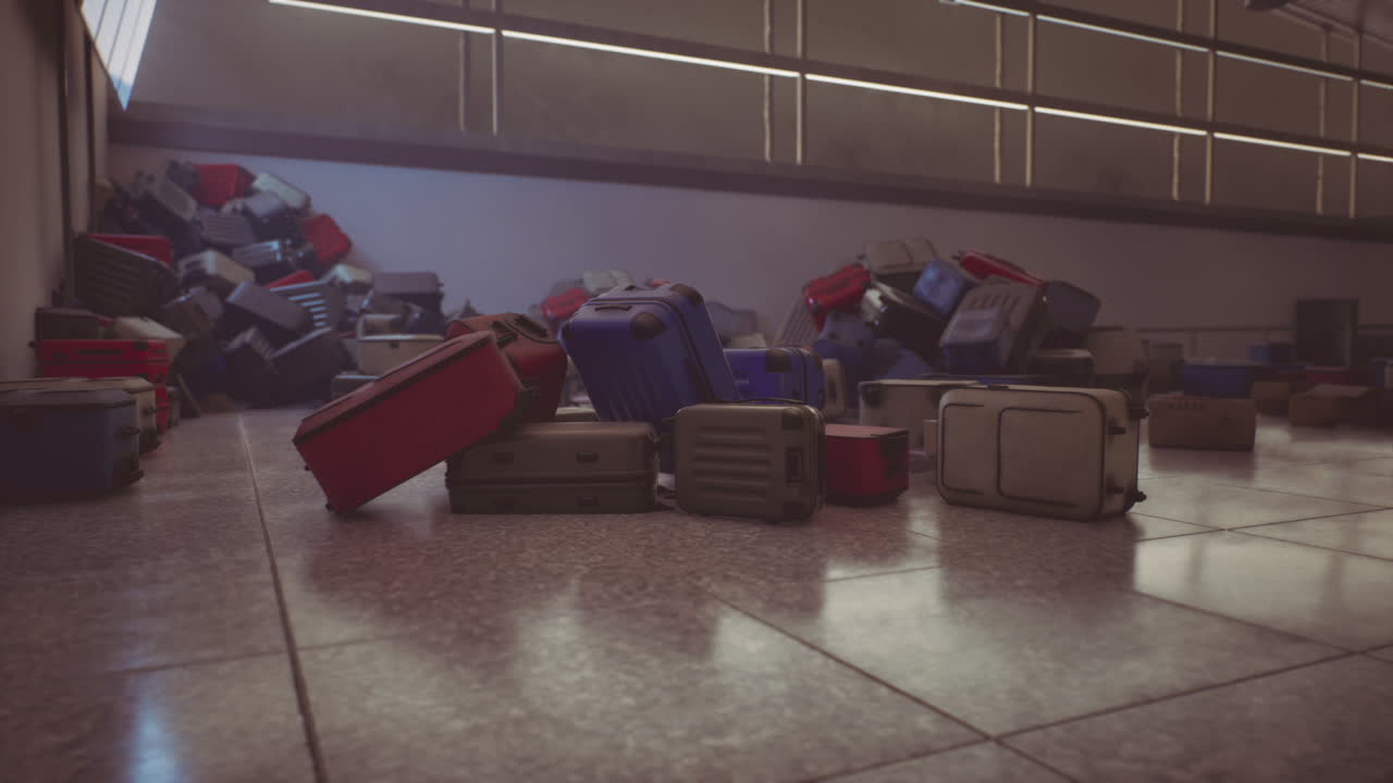 Forladt lufthavn med spredt bagage liggende hulter til bulter på gulvet.