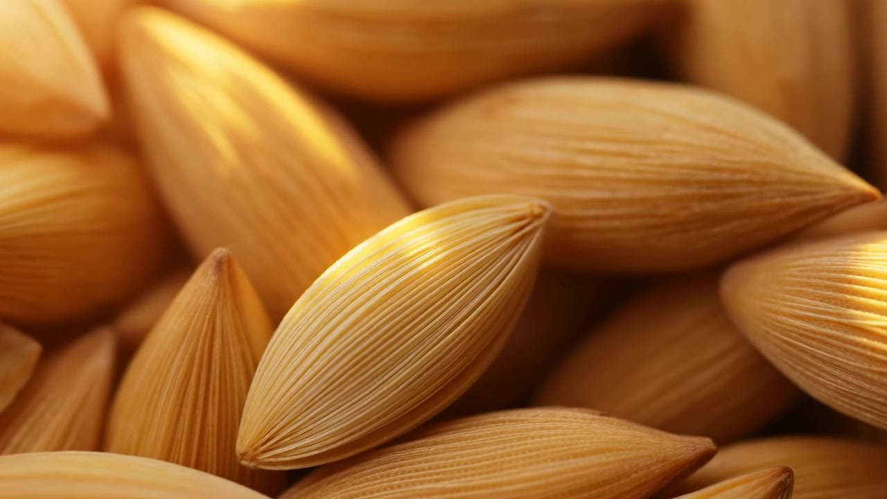Macro close-up of golden brown almonds filling the frame, with one prominent nut near the center. Warm soft lighting highlights the ridged textures, organic