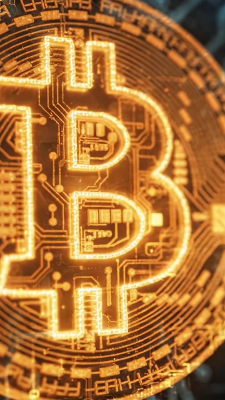 Explorando o mundo da criptomoeda: um close-up de uma moeda Bitcoin com tecnologia futurista e padrões de circuito destacando a revolução da moeda digital.