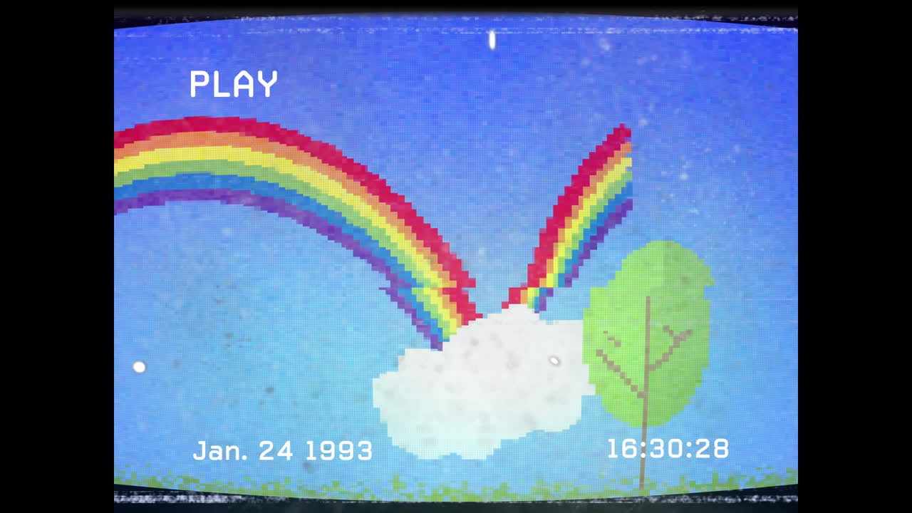 animación de interferencia sobre el arco iris y el cielo con nubes.