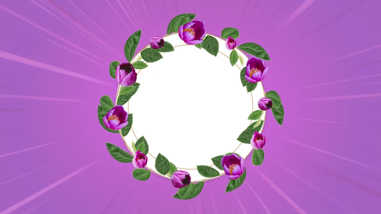 círculo blanco con hojas y flores sobre haces de luz