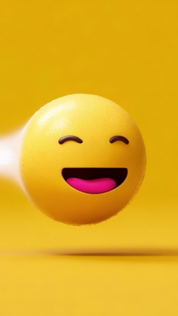 Una vivace faccina sorridente animata con un'espressione gioiosa, catturata in movimento su uno sfondo giallo brillante, che irradia energia positiva e allegria.