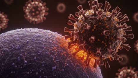 close-up view of viral interaction: a microscopic perspective of virus attachment to host cell surface, highlighting the complex biological mechanisms at play