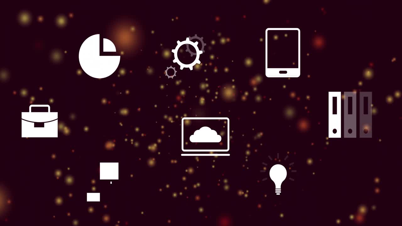 Drifting amber particles initiating eight white icons fading pulsing rotating, showcasing workflow
