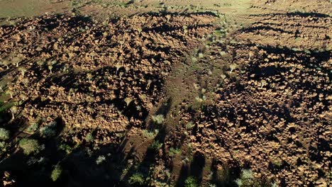 Aerial-landscape-with-a-dry-riverbed-in-the-arid,-rocky-region-of-southern-Namibia