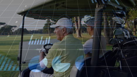 two male golfers riding golf cart on fairway, displaying animated finance graph overlay