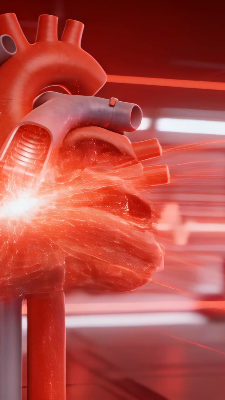 Vertical video: Camera shifting, probe entering heart cutaway in lab, firing laser to test valve