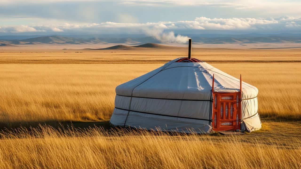 Exploring the Tranquil Beauty of a Yurt in the Golden Grasslands Under the Expansive Sky, Capturing the Essence of Serene Wilderness and Nomadic Culture