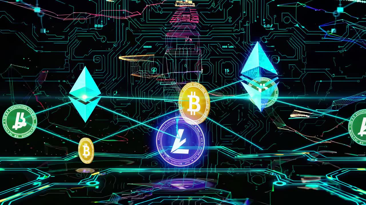Futuristisk videokoncept af kryptovaluta med digitale mønter og blockchain-symboler