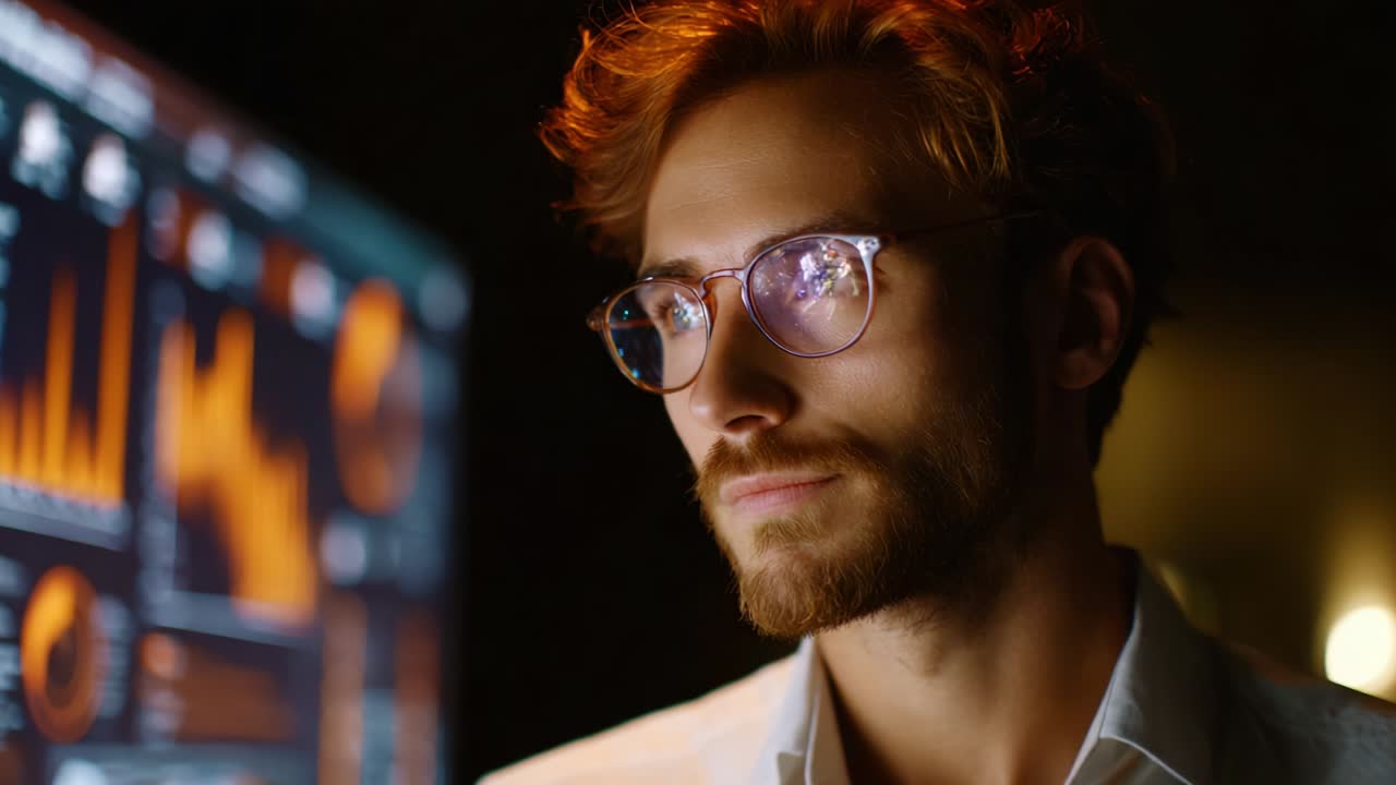 Focused Professional Analyzing Digital Data on a Screen: A Man with Glasses Contemplating Complex Graphs and Statistics in a Dark Office Environment, Representing Modern Analytical Skills and Data Interpretation