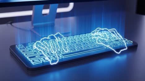 Futuristic Visualization of Hands Typing on a Transparent Keyboard with Glowing Effects, Merging Digital and Physical Realities in a Modern Workspace