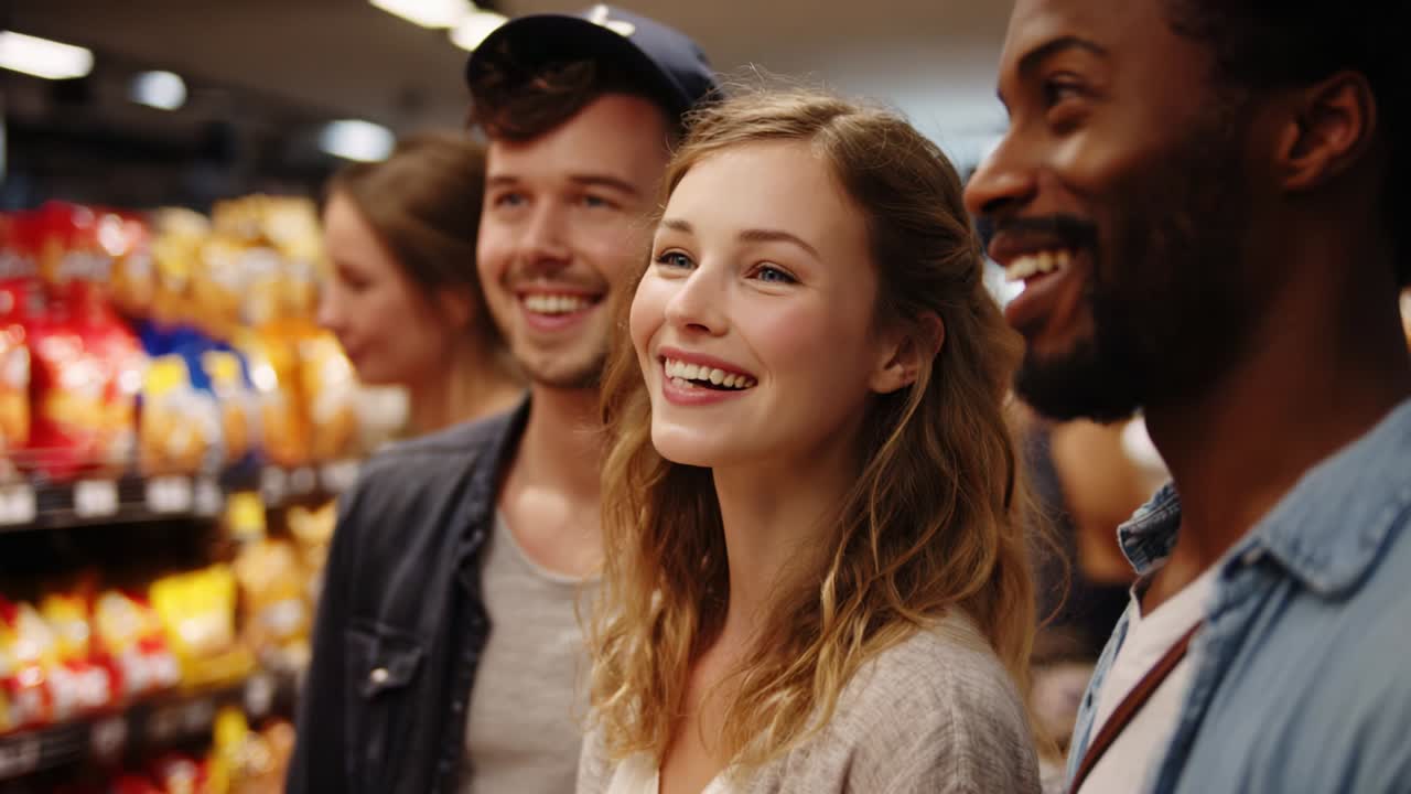 Un gruppo di amici si gode un momento di gioia insieme in un negozio di alimentari, condividendo risate e sorrisi mentre esplorano vari snack e prodotti esposti, evidenziando la gioia dell'amicizia e dell'interazione sociale.