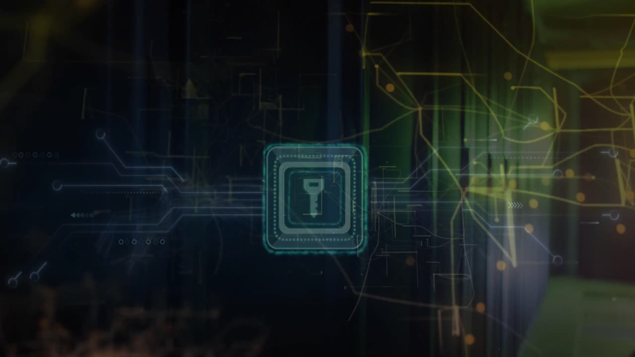 animación de la clave y la red de conexiones a través de la sala de servidores