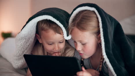 boy, girl and tablet in bedroom