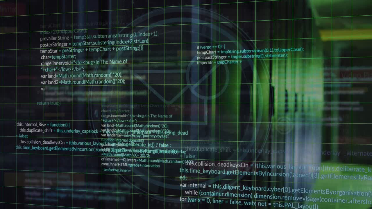 Animation of programming language, cyber security, message icons over data server systems
