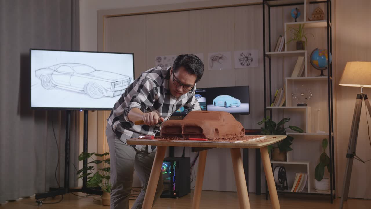 el diseñador automotriz asiático trabaja en la escultura de arcilla de automóviles usando una espátula para suavizar la superficie y crear detalles en el diseño en el estudio