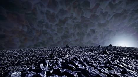 alien landscape with dark clouds and geometric pyramids