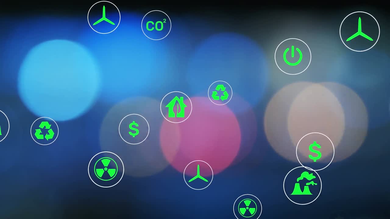 추상적인 배경에 대한 렌즈 플레어 위에서 원으로 떠다니는 아이콘의 애니메이션