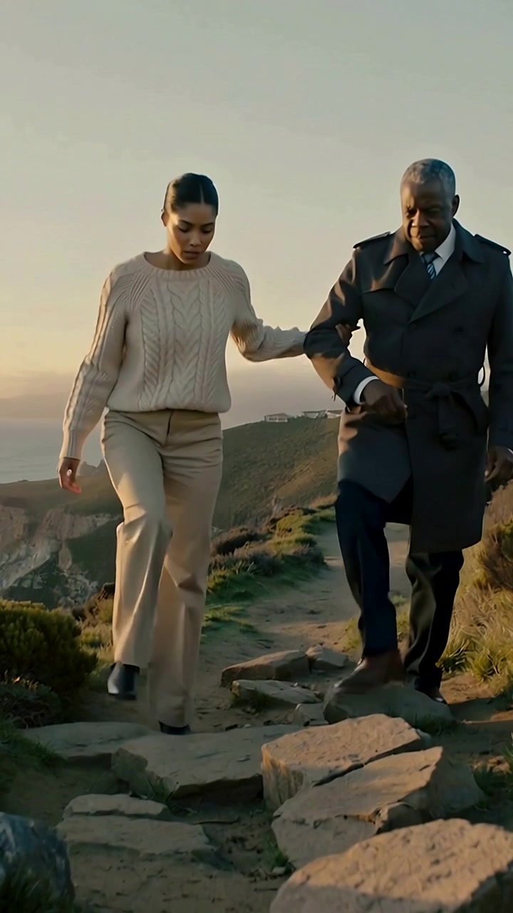 Video verticale: uomo in cappotto e donna in maglione camminano sottobraccio su un sentiero costiero roccioso al tramonto