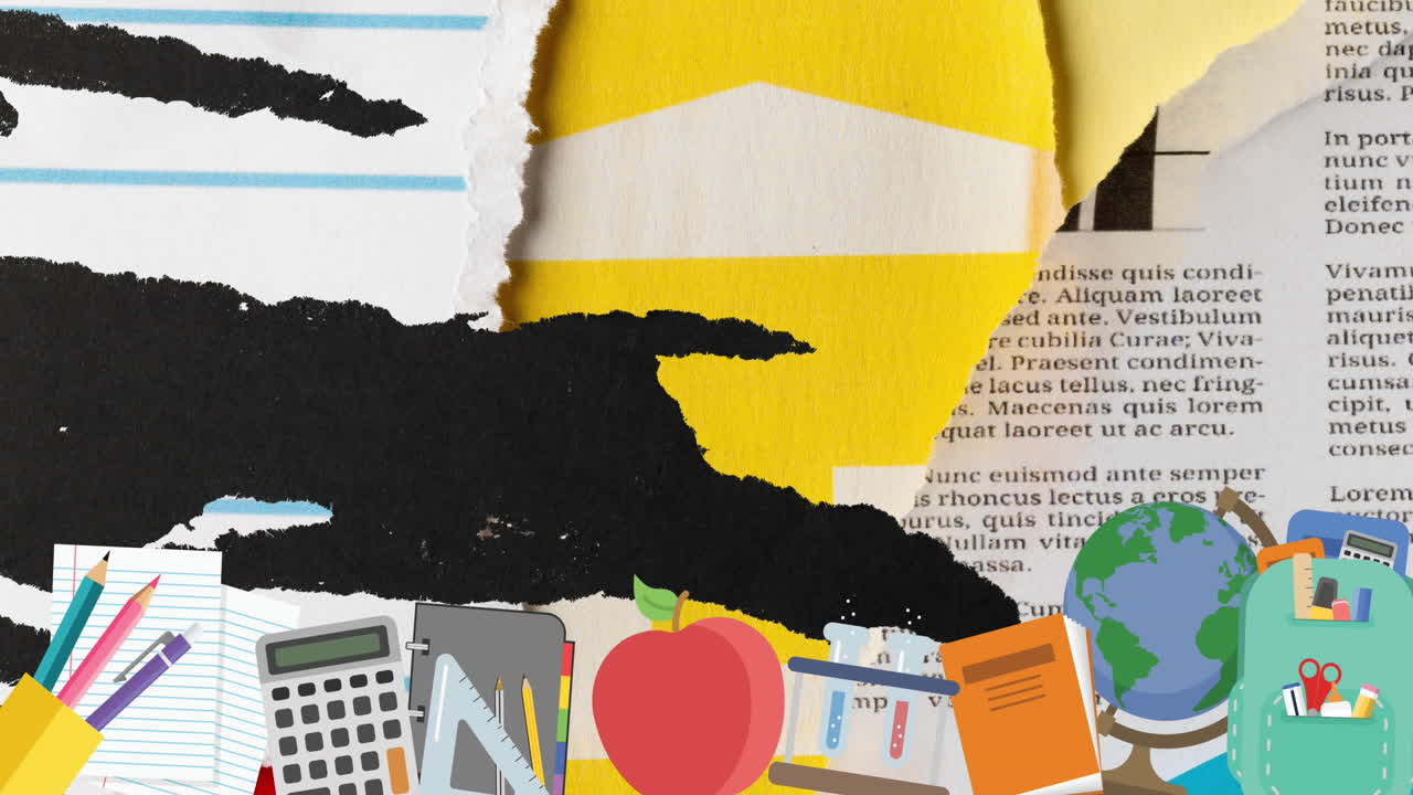 animación de iconos escolares sobre collage de papel