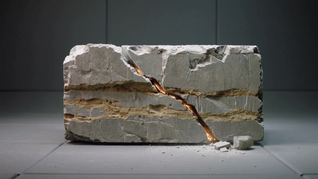 Glowing crack sparking layered block splitting on diagonal, bits falling on tiled floor, amber glow